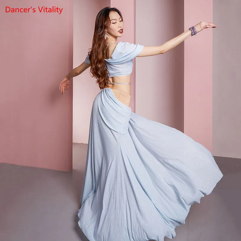 Belly Dance Suit Sequins Short Sleeve Top Split Long Skir Practice Clothes Set Female Adult Elegant Shirt Performance Clothing