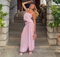 Women Pink Chiffon Lace Trim Pants Suit Sleeveless Strap Crop Top Boho Holiday Matching Sets 2026 Seaside Vacation Casual Outfit - Image 6