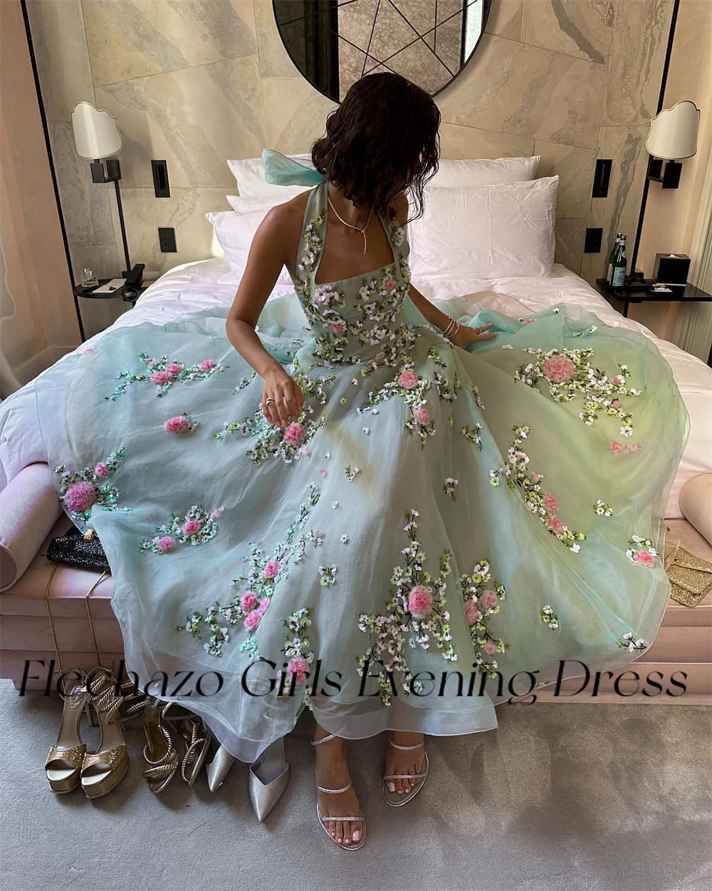 Flechazo Mint Green Homecoming Dresses Halter-Neck Open Back Flower Formal Occasion Dress For Women 2024 فساتين quinceanera