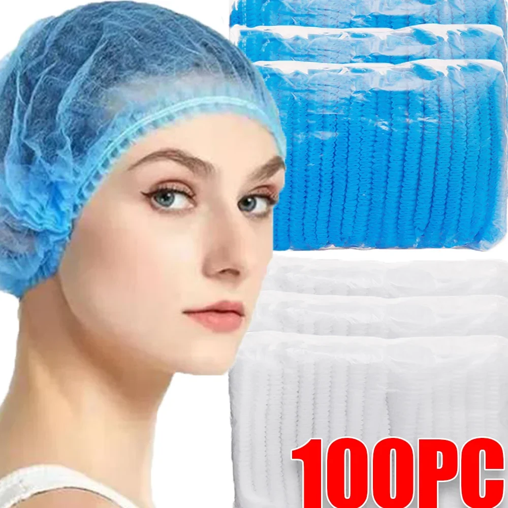 100-50 Uds. Cubiertas para la cabeza de tela no tejida, sombrero para el pelo de red elástica desechable, gorros Bouffant, sombrero con tira de