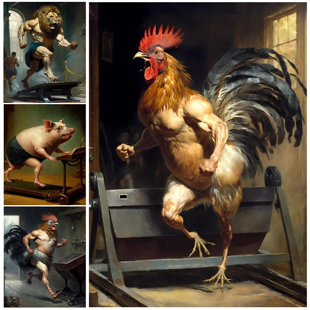 

Funny Fitness Running Cock Lion Pig Wall Pictures For Living Room Nordic Poster Wall Art Canvas Painting Home Decor Unframed