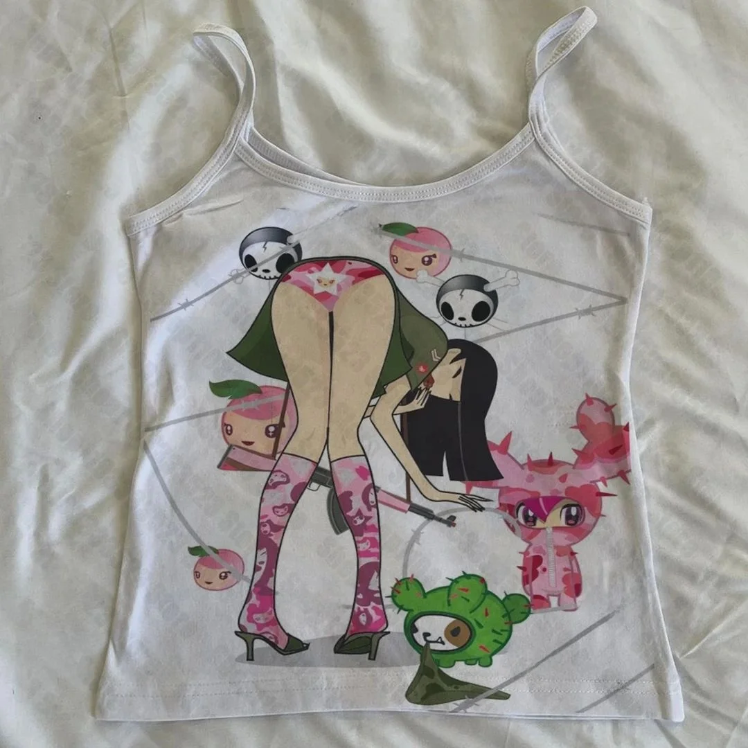 

Gothic Kawaii Print Crop Top Punk Retro Style Tank Top for Women Spring Season Other Material 100% Ladies Fashion Sweatshirt