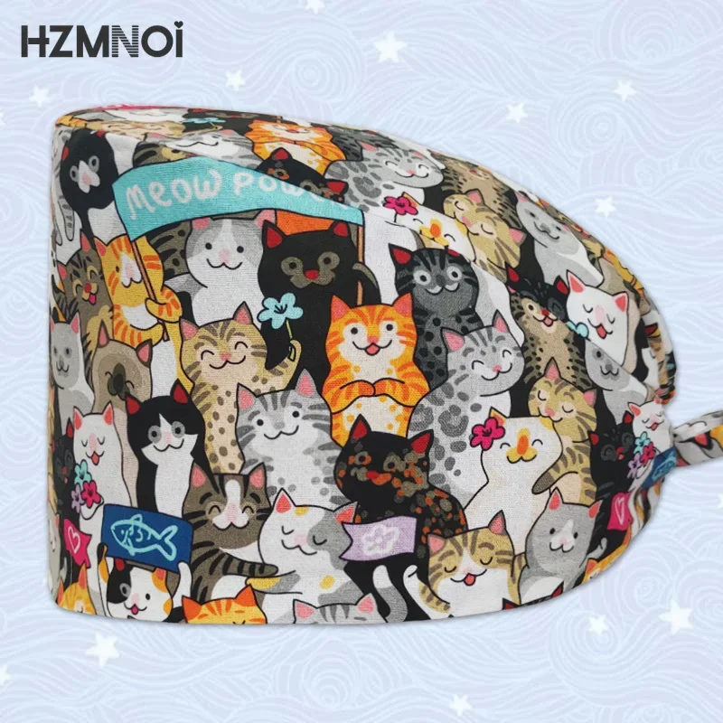 Cat Cartoon  Print Female Nurse Cap Surgical  Surgeon  Dentist  Pet Hospital Beauty Salon Chef Breathable Scrub