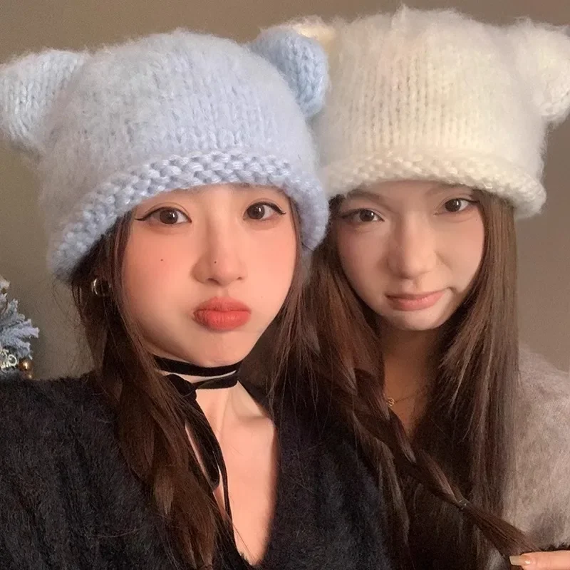 Korea Y2k Fluffy Bear Ears Cute Beanies Hat Female Autumn Winter Handmade Crochet Hat Women Warm Mauhair Headgear Knitted Hat