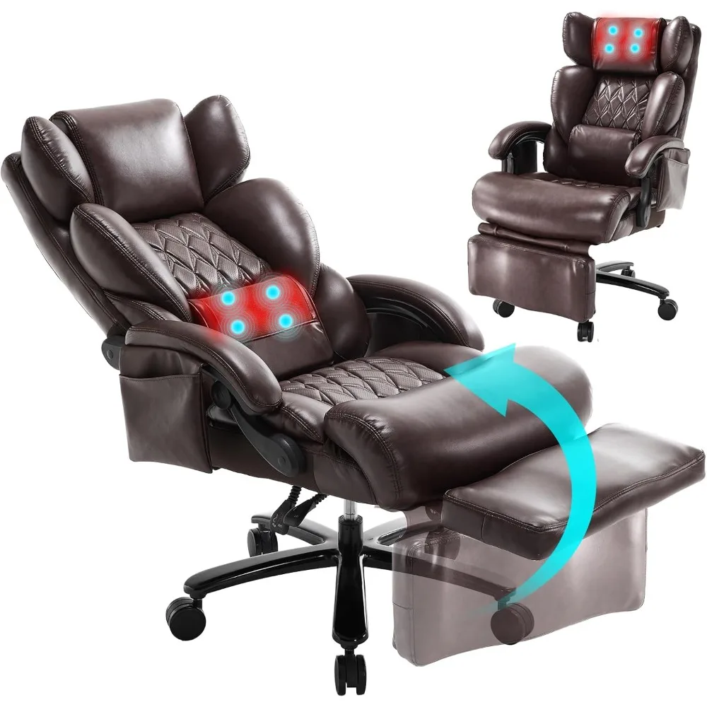 Kursi Kantor Pijat 3-in-1 dengan Sandaran Kaki 600LBS, Kursi Kantor Besar dan Tinggi dengan Pijat dan Pemanas untuk Orang Bertubuh Besar, Dapat Direbahkan