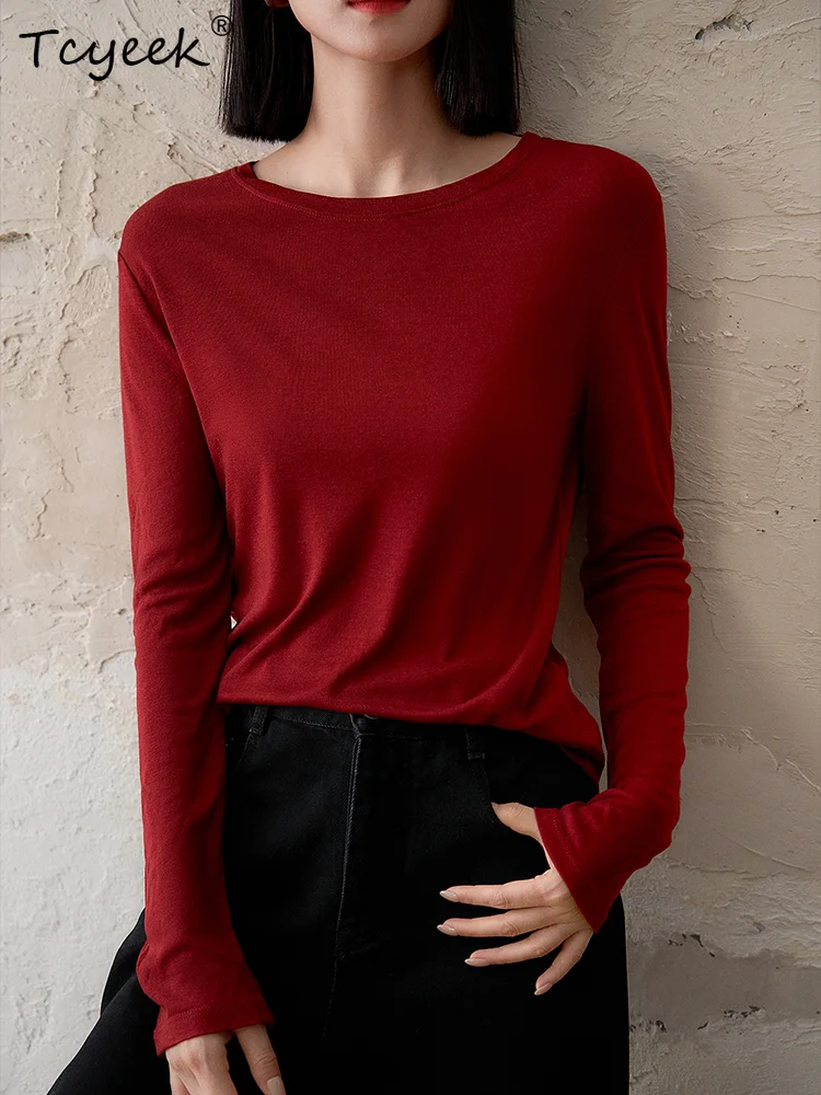 

Tcyeek-5.3%Mulberry Silk, Elegant Knit T-Shirt For Women, Long Sleeve, Soft Comfortable, Commute OL Top, Fall Winter T40311QM