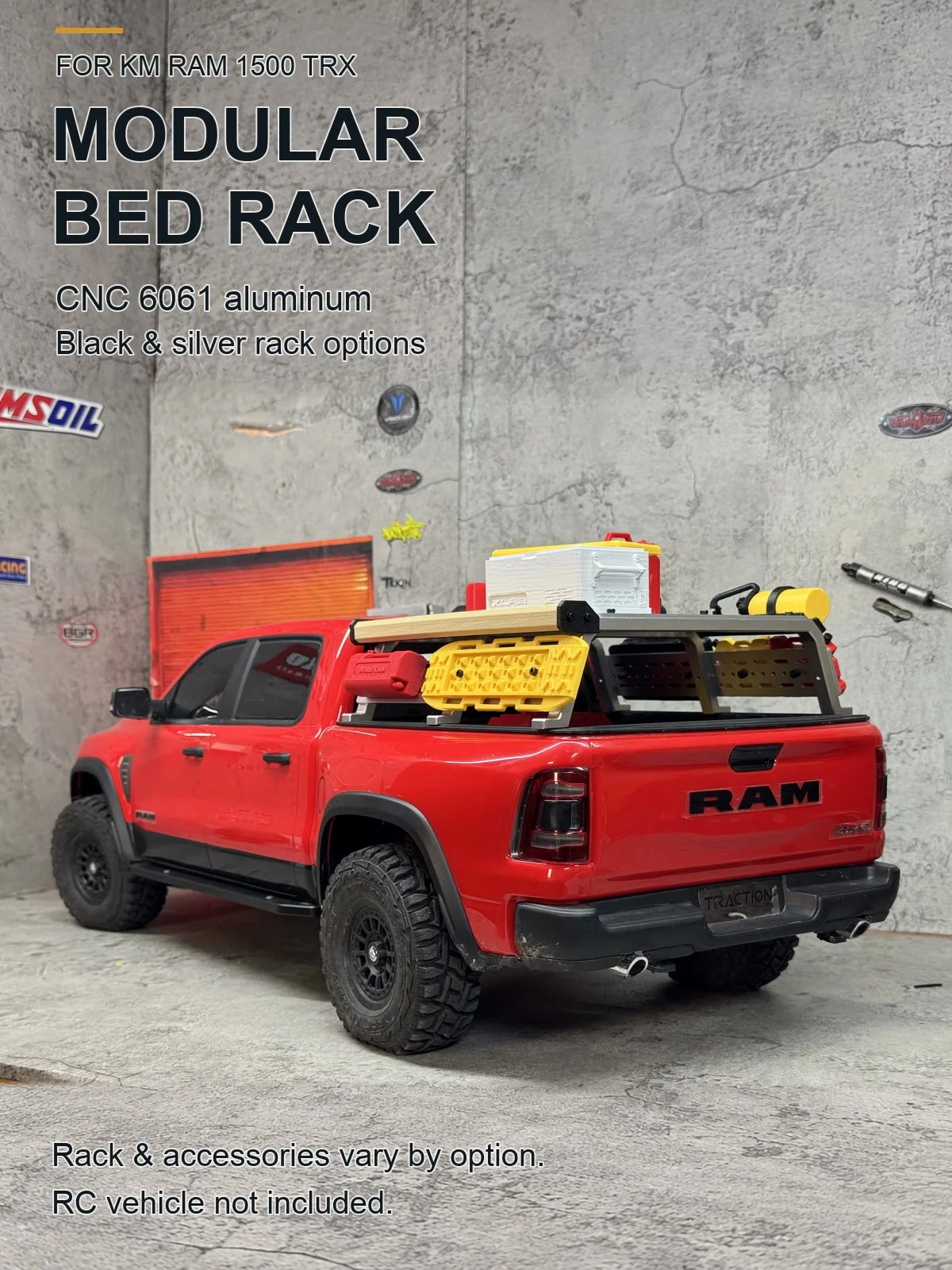 CNC 6061 Aluminum Bed Rack for KM RAM 1500 TRX RC Pickup Truck, Removable Roof and Side Panels, Black Silver Scale Accessories