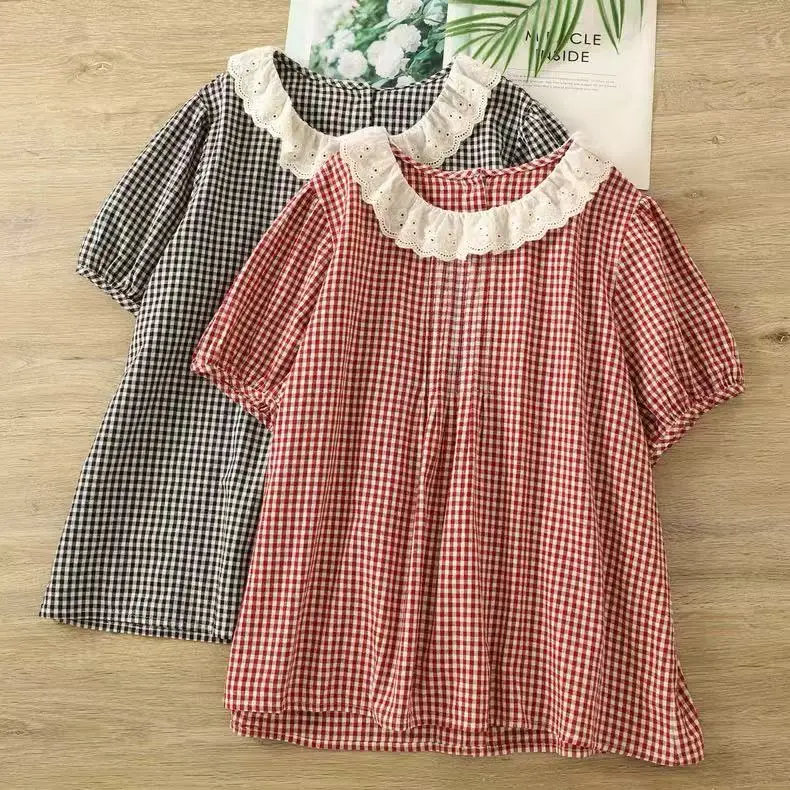 

Youth blouses cute clothes mori girl Japan style cotton lace collar black red check shirts short sleeve women's plaid blouses