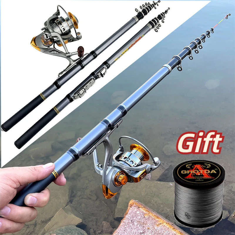 GHOTDA 1.5-3m Ultralight Short Carbon Telescopic Rock Fishing Rod and Spinning Reel 5.2:1 High Speed Combo with Braided Line Kit