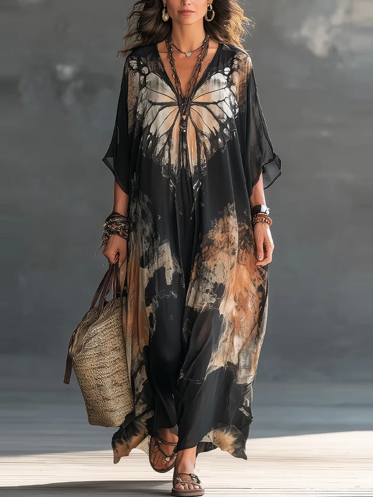 Elegant Women Butterfly Print Chiffon Kaftan Maxi Dress V Neck Batwing Half Sleeve Loose Oversized Boho Casual Beach Long Dress
