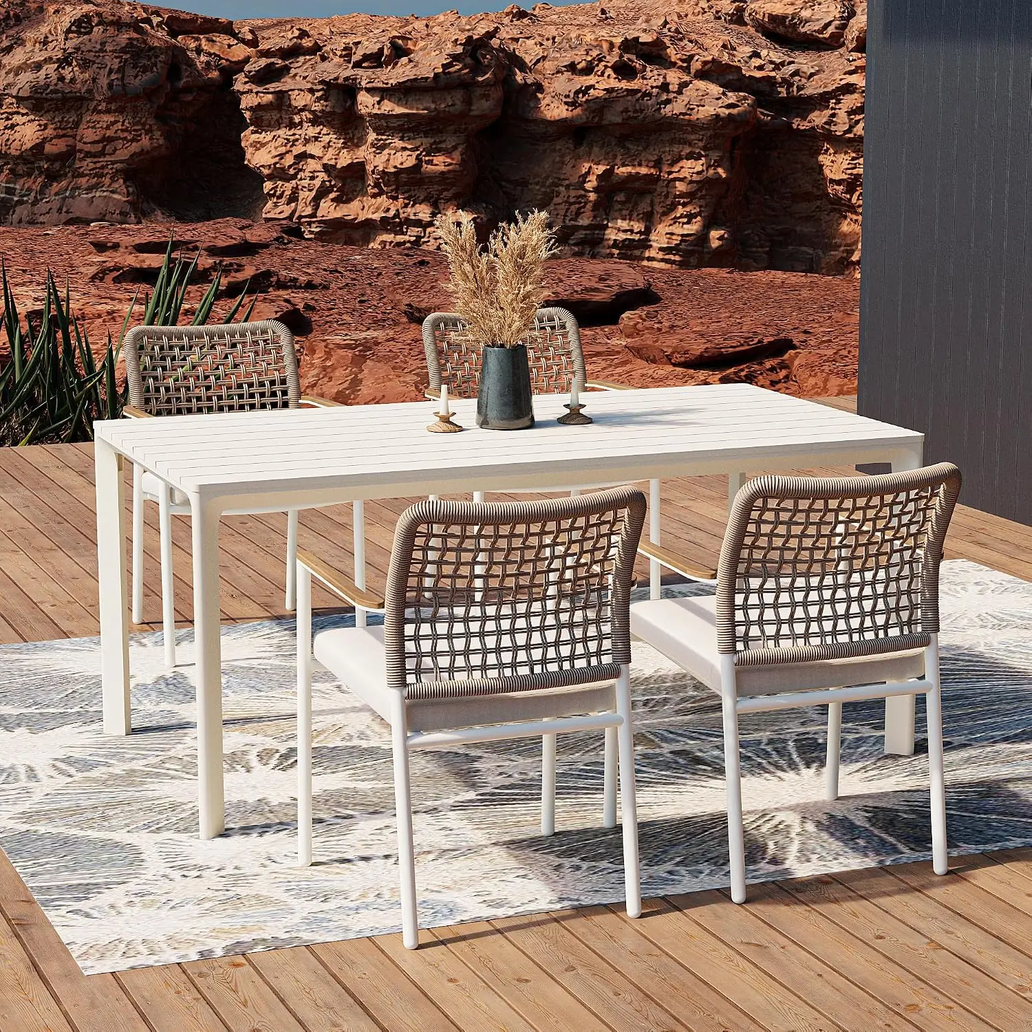 Modern Shade 5 Piece Luxury Outdoor Dining Set, Designer Outdoor Table and Chairs with Fade Resistant Cushions & FSC Teak, Premi