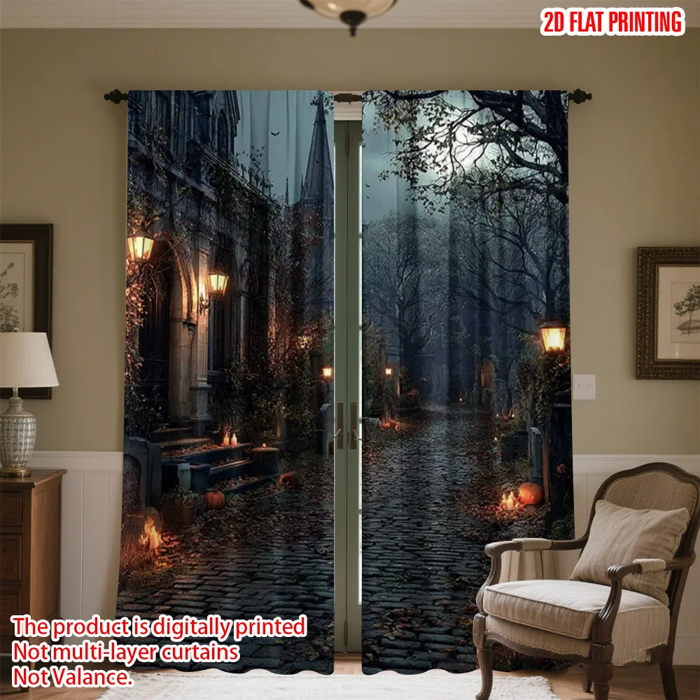 

2pcs 2D flat printing Halloween Curtain Special cemetery Versatile Polyester Fabric Without Electricity Family Party Decoration