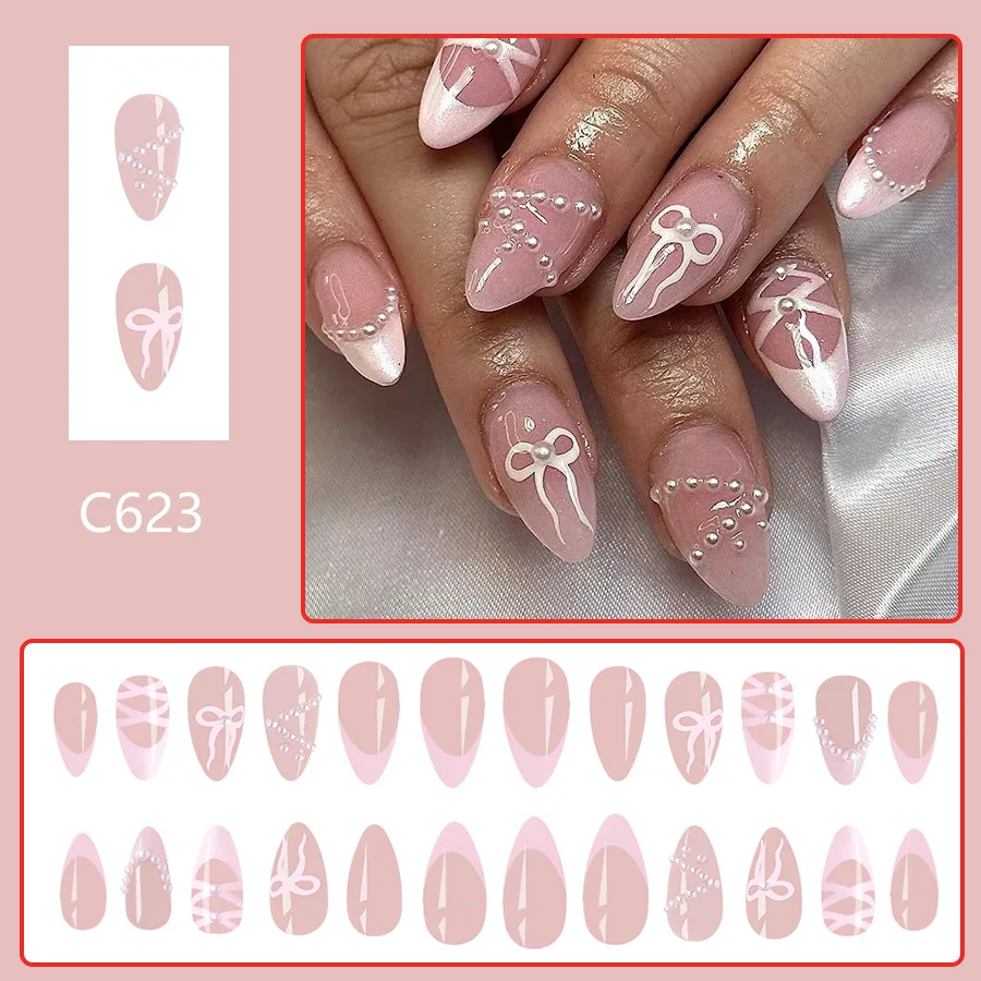 24pcs Chic Pink Almond-Shaped Press-On Nails with 3D Bow & Pearl Accents-Glossy Finish Short Length - Perfect for Women & Girls