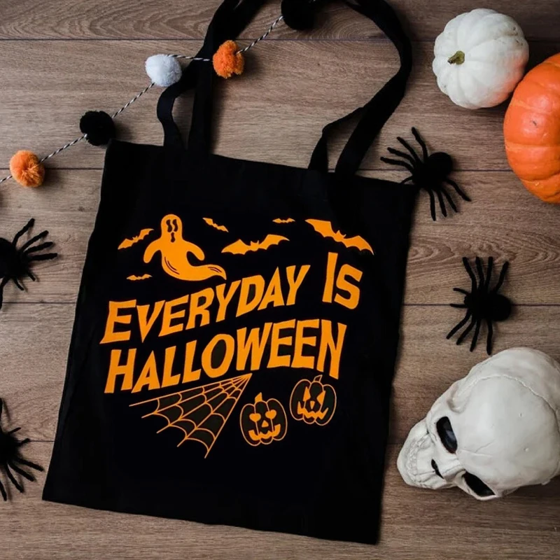 

Everyday Is Halloween Black Canvas Tote Bag Trick or Treat Festival Party Decoration Accessory Reusable Shopping Bag Funny Gift