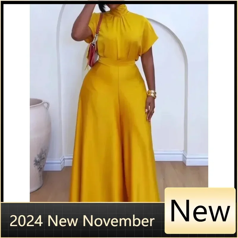 Yellow Satin Elegant Temperament Women's Loose High Neck Strap Flying Sleeve Top Leisurely Wide Leg Pants Vacation Two-piece Set