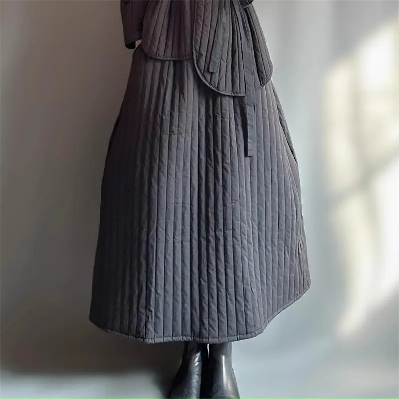 

French Retro Solid Color High Waisted Quilted Skirt Women 2024 Autumn New Style Design Thick Casual Long Skirt Warm Falda K2534