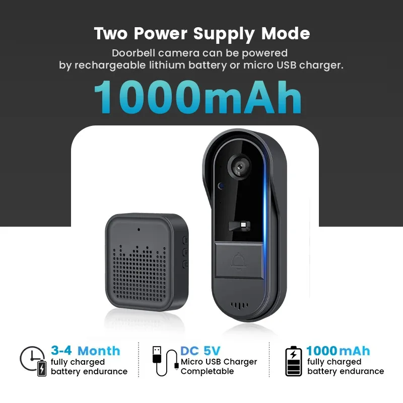 Campanello WiFi Tuya bidirezionale HD 1080P, microSD/nuvio, impermeabile, batteria da 1000 mAh, standby lungo, telecamera di sicurezza wireless