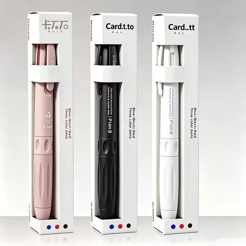 Tri color retractable ballpoint pen, black, blue, and red ink, multi-color diary notebook pen, 3 pens (black, white, pink)