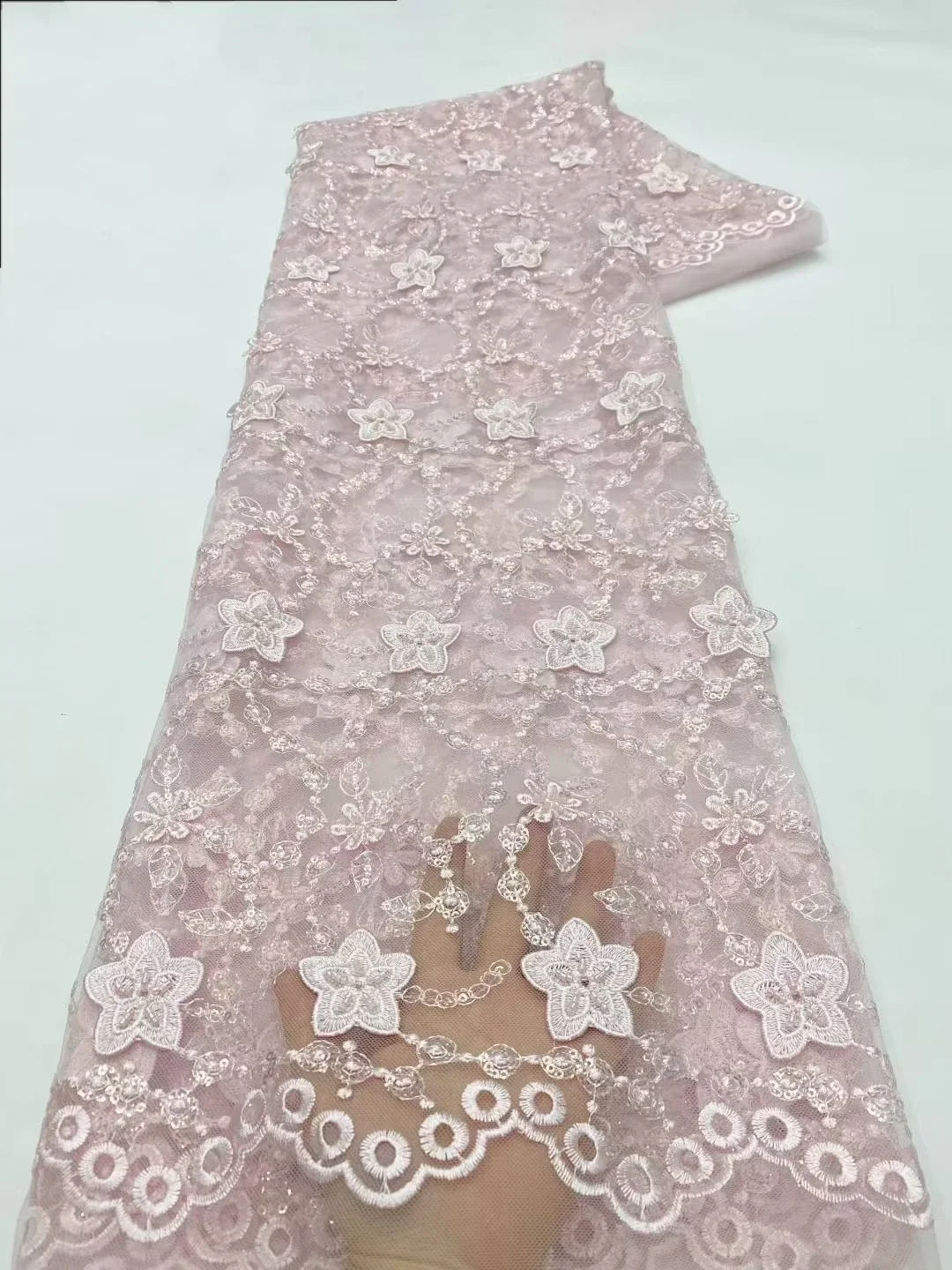 

Новейшая розовая 3D бусина ручной работы с блестками, французская тюль, кружевная ткань, 2025 г., расшитая бисером африканская кружевная ткань для женщин, праздничное платье PXX25155