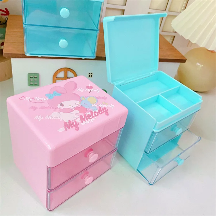 Kawaii Sanrio Kuromi My Melody Cinnamoroll Storage Box Drawer Desktop Double Layer Clamshell Jewelry Tidy Durable Sorting Box