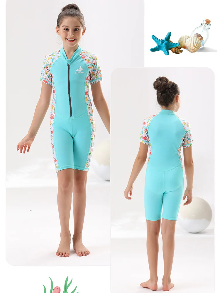 Girls Swimsuit Short Sleeve Rashguard One Piece Swimwear Zipper Front Bathing Suit Swimwear Sunsuit Quick Dry for Water Sports