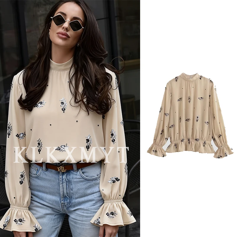 Camisa translúcida para mujer, moda de otoño 2025, camisa de manga larga con decoración de lentejuelas de Color sólido, camisa elegante de ocio para mujer