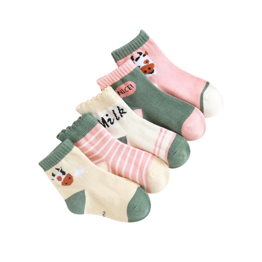 

5Pairs Kids Cotton Knee High Stockings Autumn Winter Breathable Elastic Non Slip Bottom Baby 3-5 Years Size M Children Cow