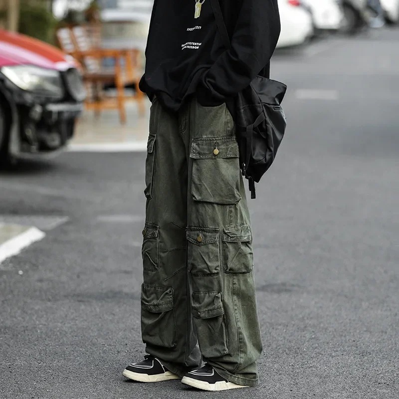 Vintage Style Casual Trousers Loose Fit Straight Leg Multi Pocket Cargo Pants For Men American Street Vibe High Street Fashion