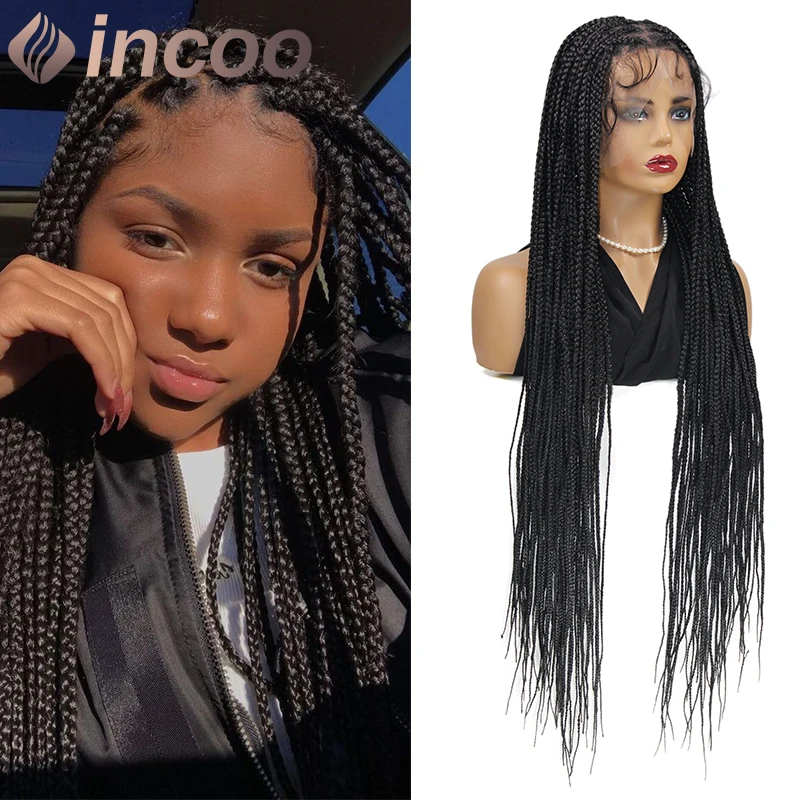 INCOO Box Braid Synthetic Lace Frontal Perucas para Mulheres, Full Lace Knotless, parte aleatória trançada peruca, Cornrow peruca, 36"