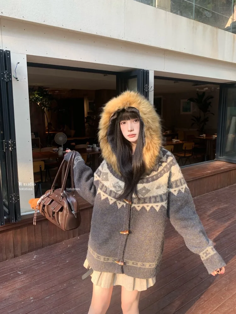 

Seoul Sle Women's Knitted Open Cardigan Sweater with Large Fur Collar Lazy Faion Long Sve Cotton Coat for Autumn Winter