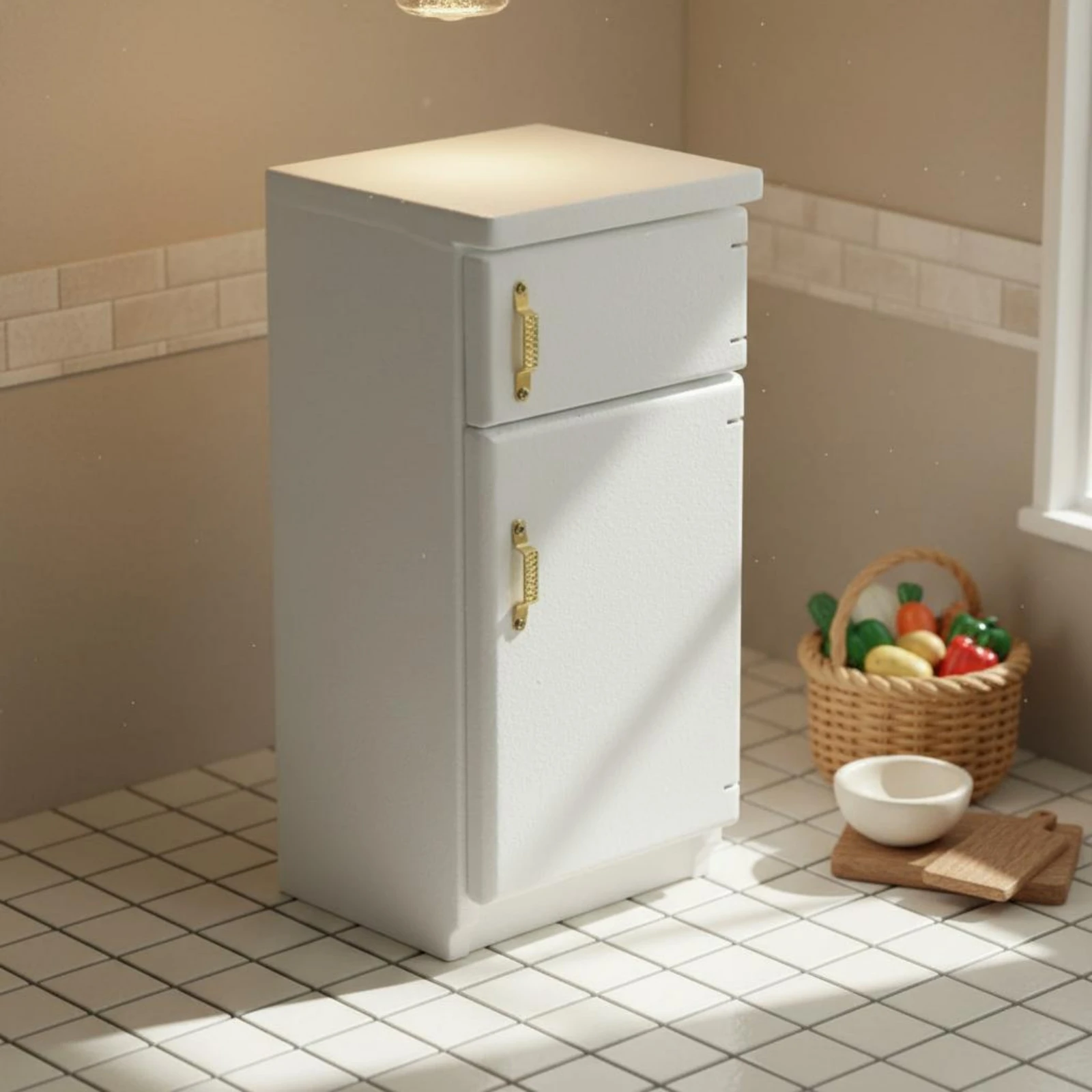 White Dollhouse Refrigerator Opening Doors Dollhouse Kitchen Refrigerator 1:12 Scale Fridge Pre-Assembled for Children view 2