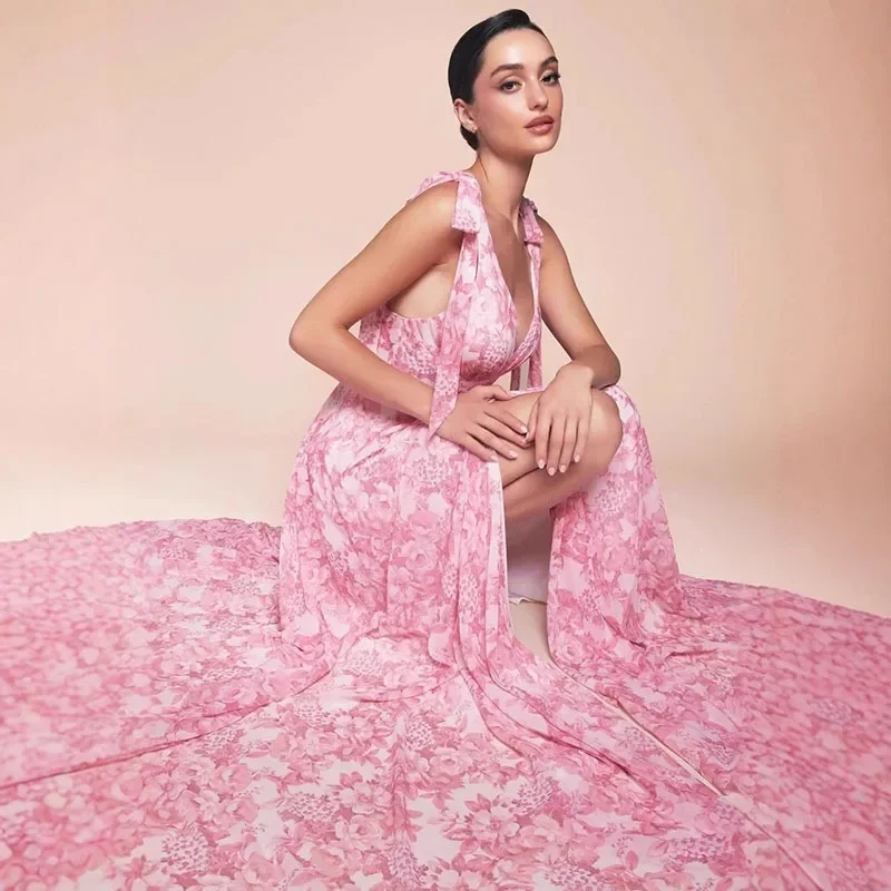 Sexy Frauen High Split Bankett Kleid Romantische Blumen Gedruckt Spitze Up Abendkleid Elegante V-ausschnitt Hohe Taille Falten Chiffon Kleid