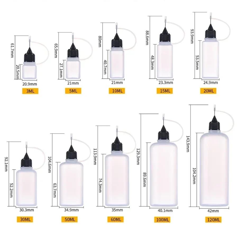 Botellas vacías de plástico con tapa de aguja, recipiente rellenable con gotero líquido, anillo de silicona, 20-100 piezas, 5ml-120ml