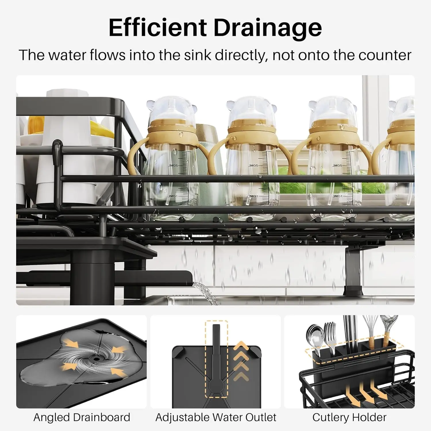 Extendable Dish Drying Rack with Utensil Holder, Large Stainless Steel Sink Drainer for Kitchen Counter in Black