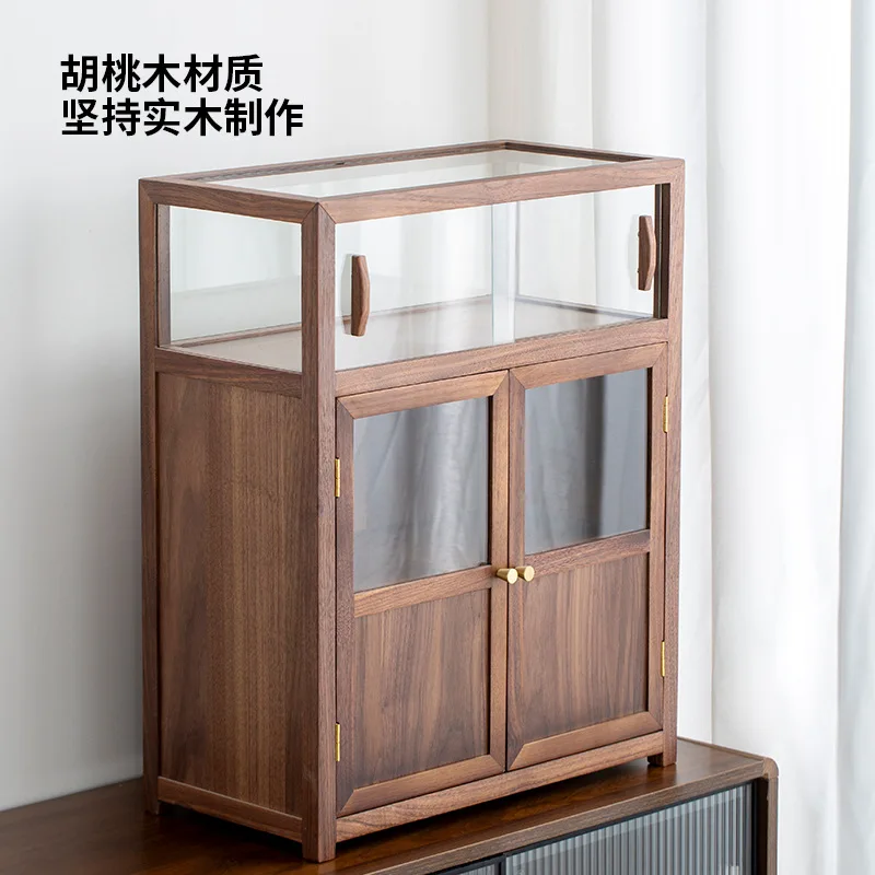 Black walnut solid wood desktop storage cabinet living room tea set tea coffee water cup storage cabinet transparent glass