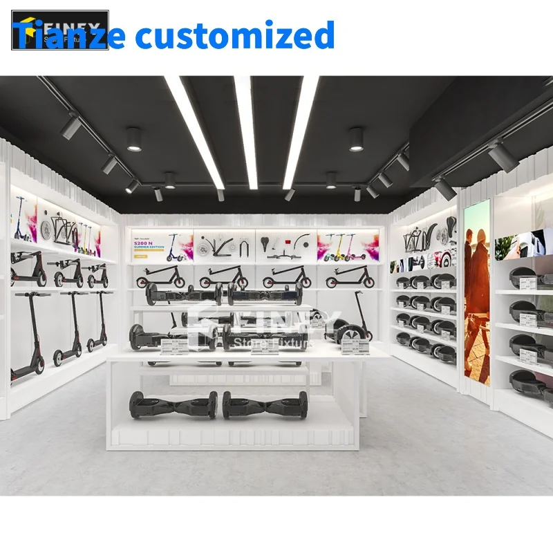 （customized）Custom Floor Display Sports Equipments E-scooter Display Rack Scooter Shop Light Display Cabinet with C