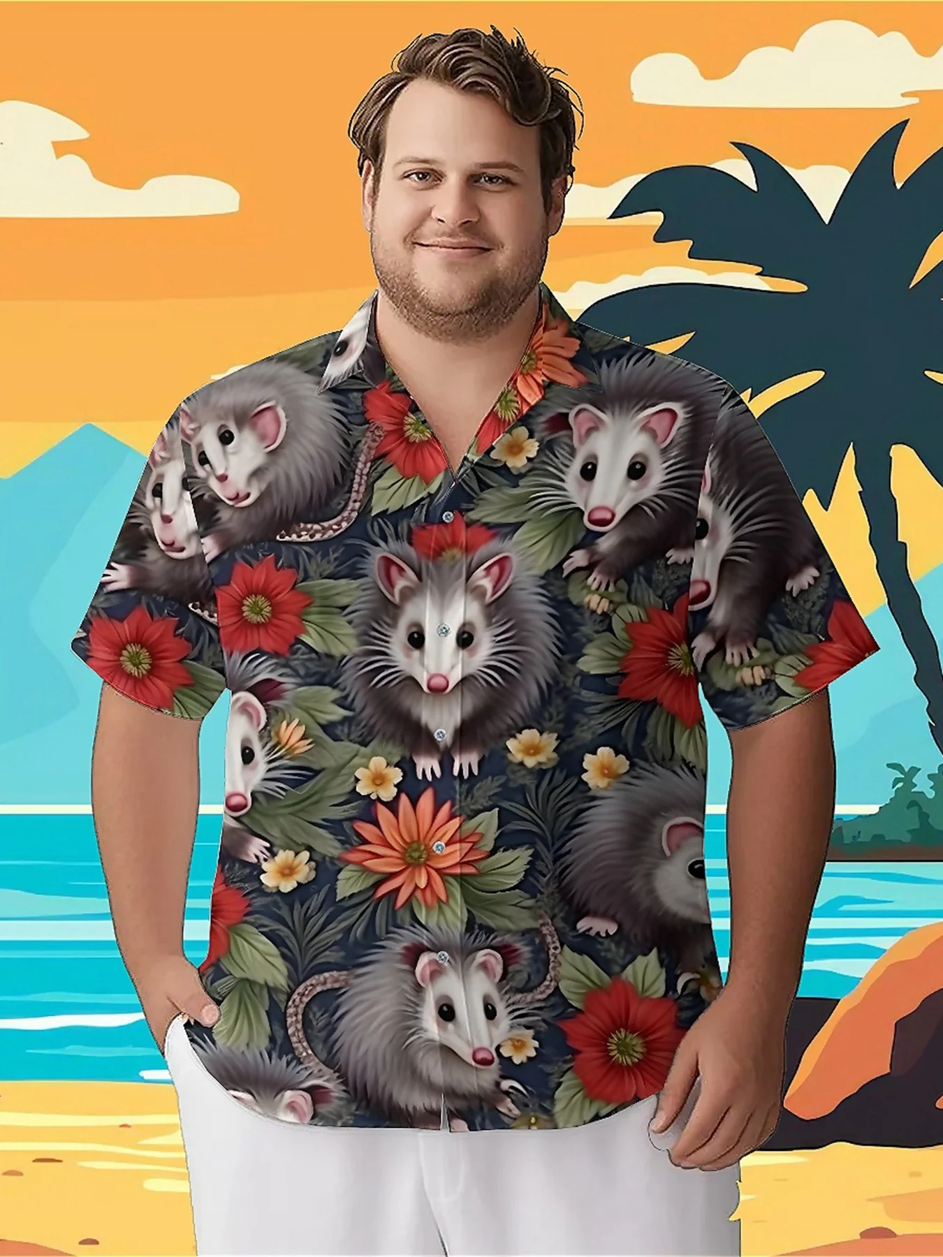 

Men's Plus Size Hawaiian ShirtsHedgehogs and Tropical Flowerspattern, Button Up Shirts, Unisex Casual Clothing, Summer Tops