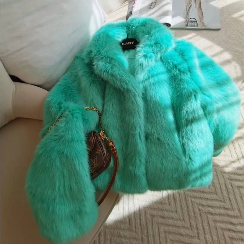 2023 Winter Mint Green Hairy Shaggy Faux Fur Coat The Spice Girls Full Sleeve Furry Warm Jacket Women Short Outercoat