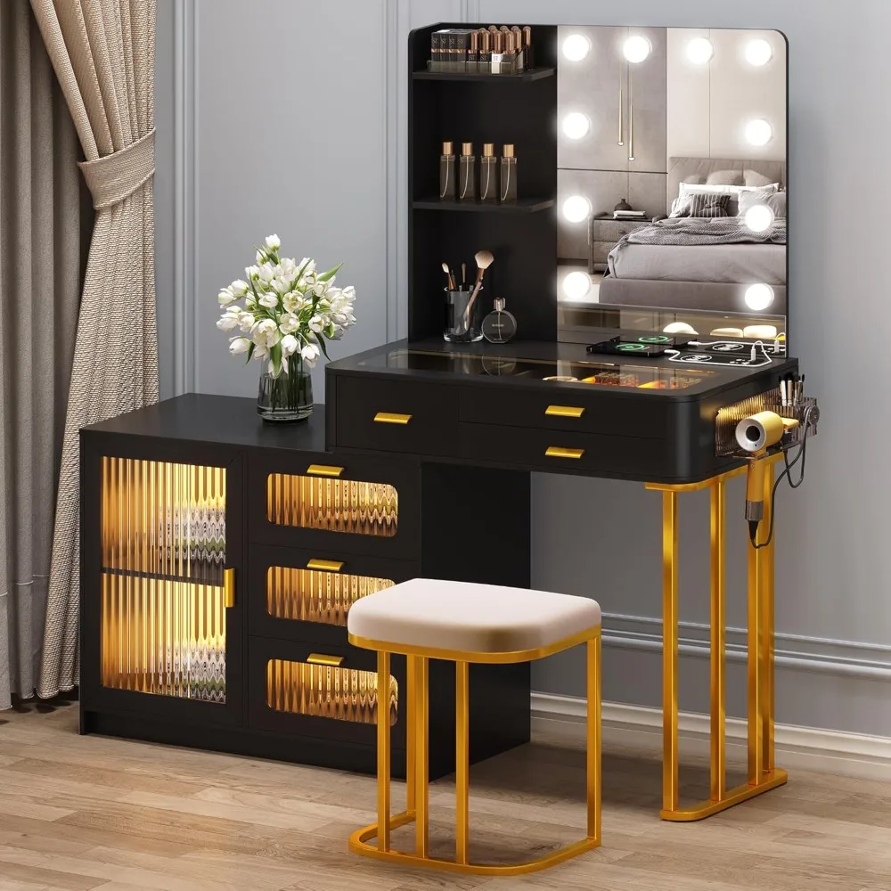 Dressing table with mirror light and 6 drawers, dressing table with 3 colors to adjust the brightness of the lighting