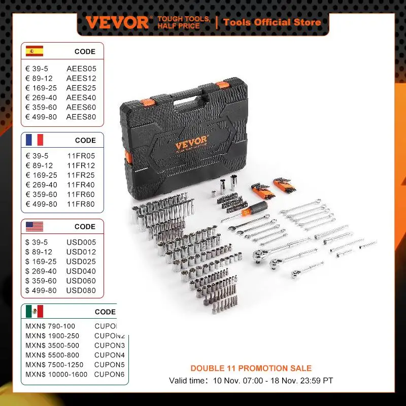 

Набор механических инструментов VEVOR и набор гнезд, глубокие и стандартные гнезда, 145/205 шт. SAE и набор метрических механических инструментов с битами