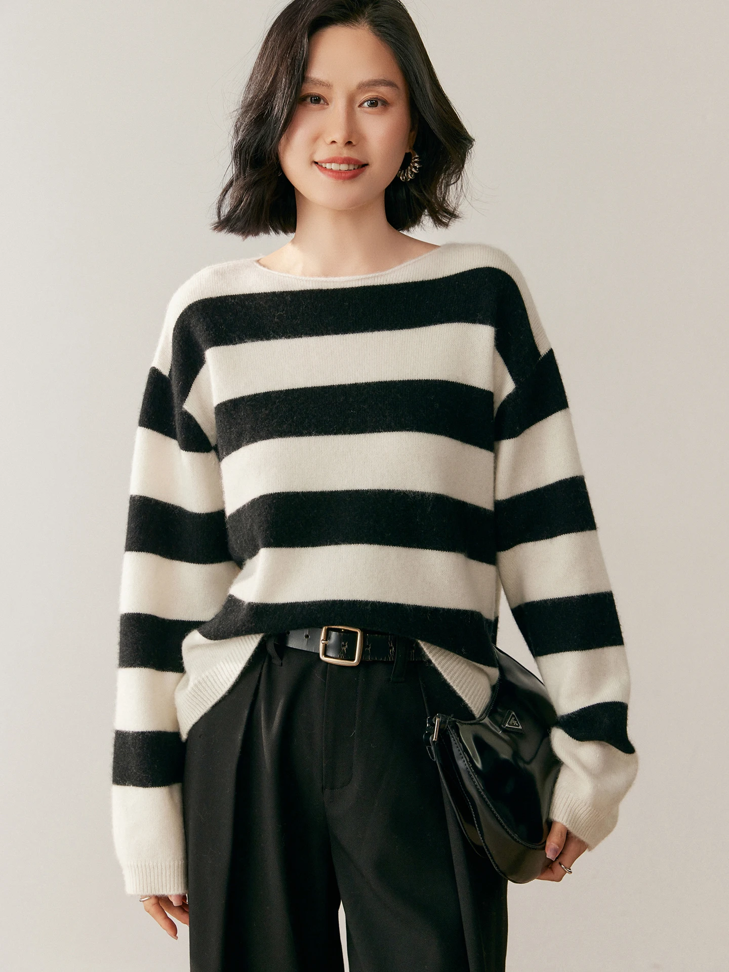 TLOML Damska odzież dzianinowa ze 100% kaszmiru, sweter z okrągłym dekoltem, luźny, w paski, na jesień i zimę, gruby, ciepły, luźny krój, wygodne topy