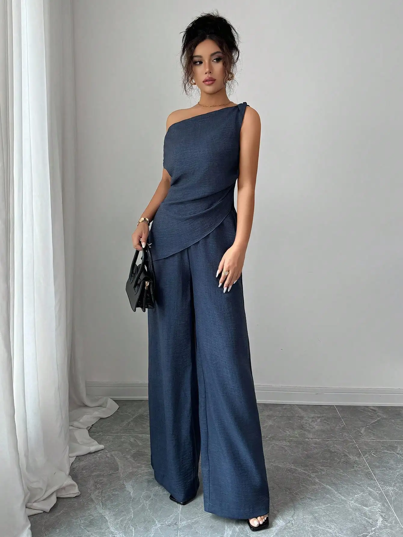 

Elegant Deep Sea Blue Asymmetric Shoulder Top And High Waist Wide Leg Pants Set