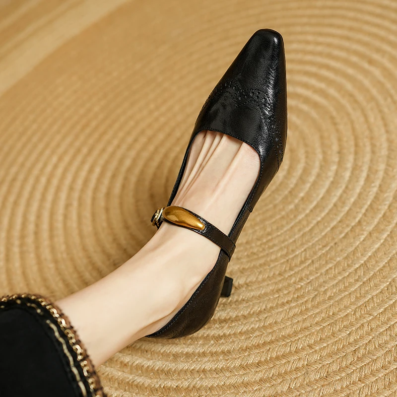 2026new spring summer women pumps natural leather 22-25cm hollow-out sheepskin+pigskin pointed toe buckle women mary janes shoes