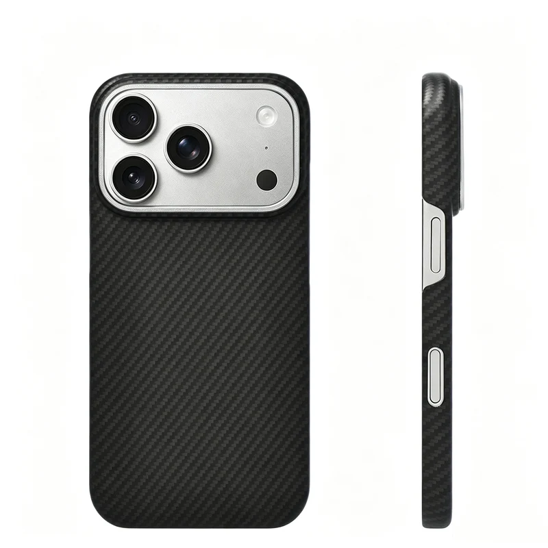 Luksusowe, matowe etui z włókna węglowego o twardym wykończeniu do iPhone 17 Pro, 18 Pro, 16 Pro, 17 Pro Max, z metalową ramką na obiektyw i matowym, twardym, poliwęglanowym (PC) pokrowcem na telefon.