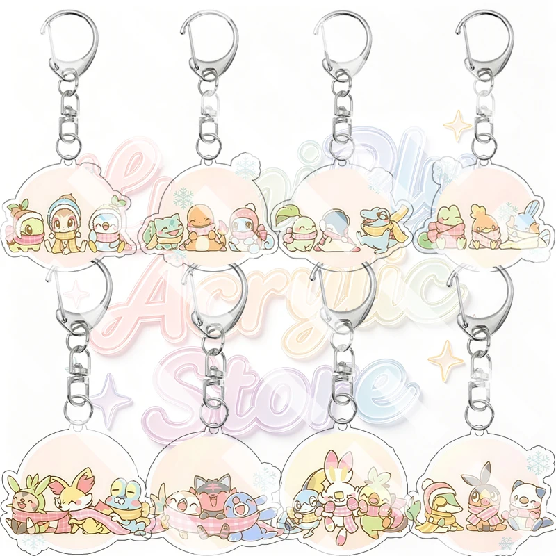 Cartoon Bulbasaur Charmander Squirtle Rowlet Cute Q Version Winter Scarf Warm Series Acrylic Keychain Anime Bag Pendant Key Ring
