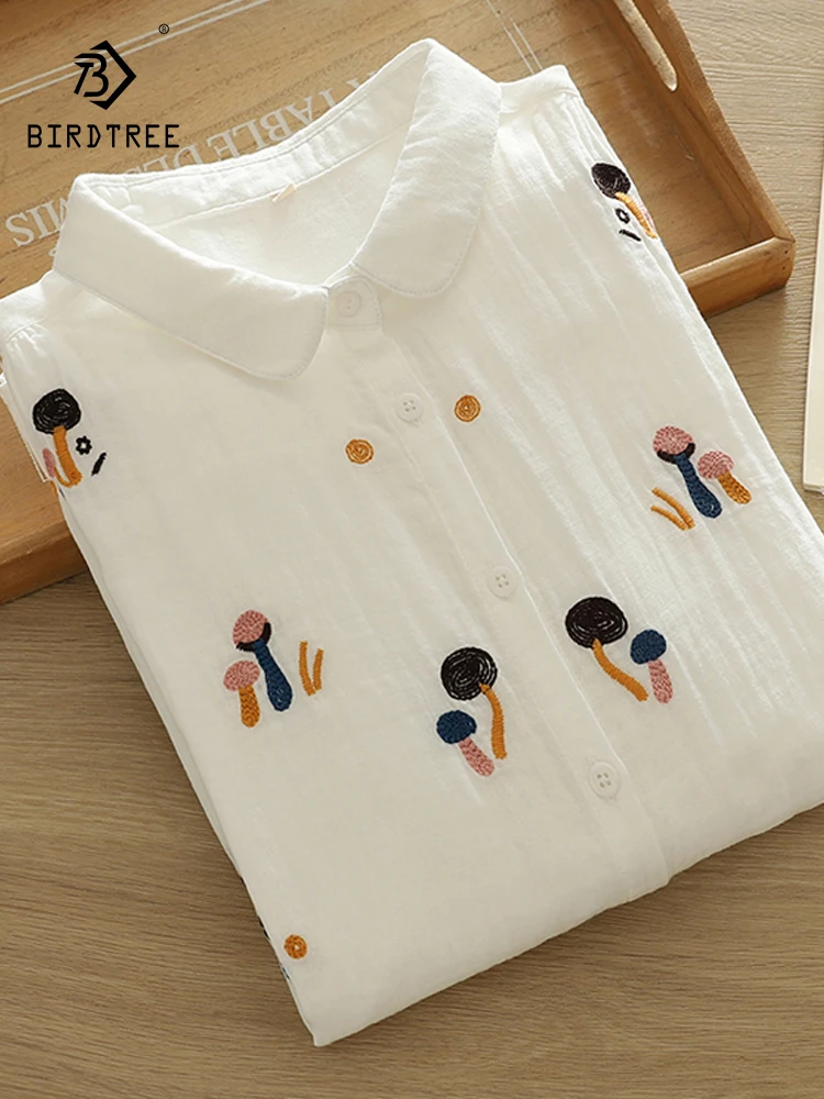

New 2026 Spring Women Cotton Yarn Long Sleeve Shirt, Lapel Mushroom Embroidery, Mori Girl Preppy Style Loose Blouse T62960CC