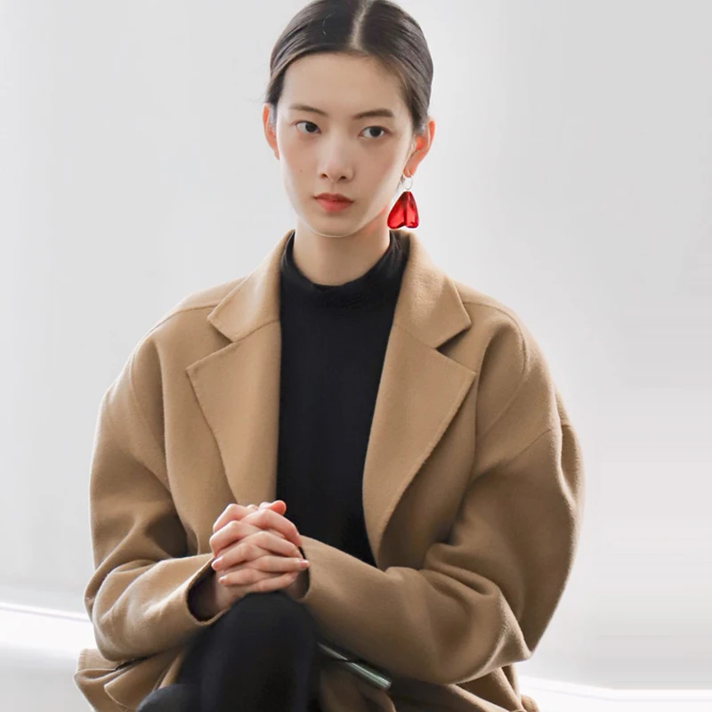 

Classic Double-Sided Woolen Coat for Women Knee-Length Overcoat Stylish Khaki Medium-Length Tweed Jacket for Winter 2025
