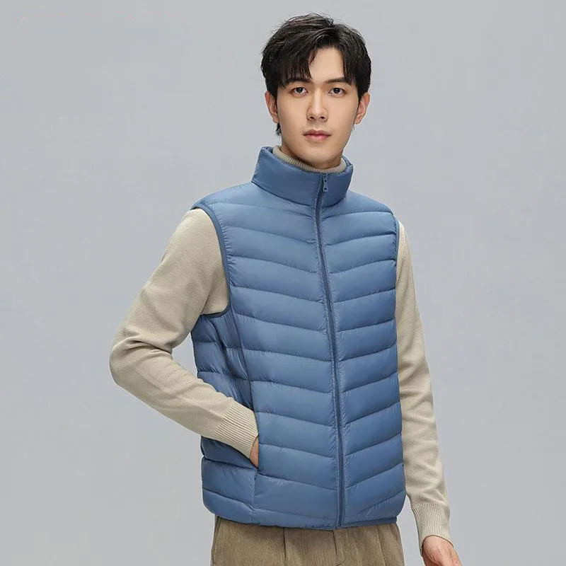 Men Vest Down Coats Solid Down Vests Stand Collar Zipper Cardigan Spliced Loose Fit Slight Strech Autumn Winter Casual Pockets