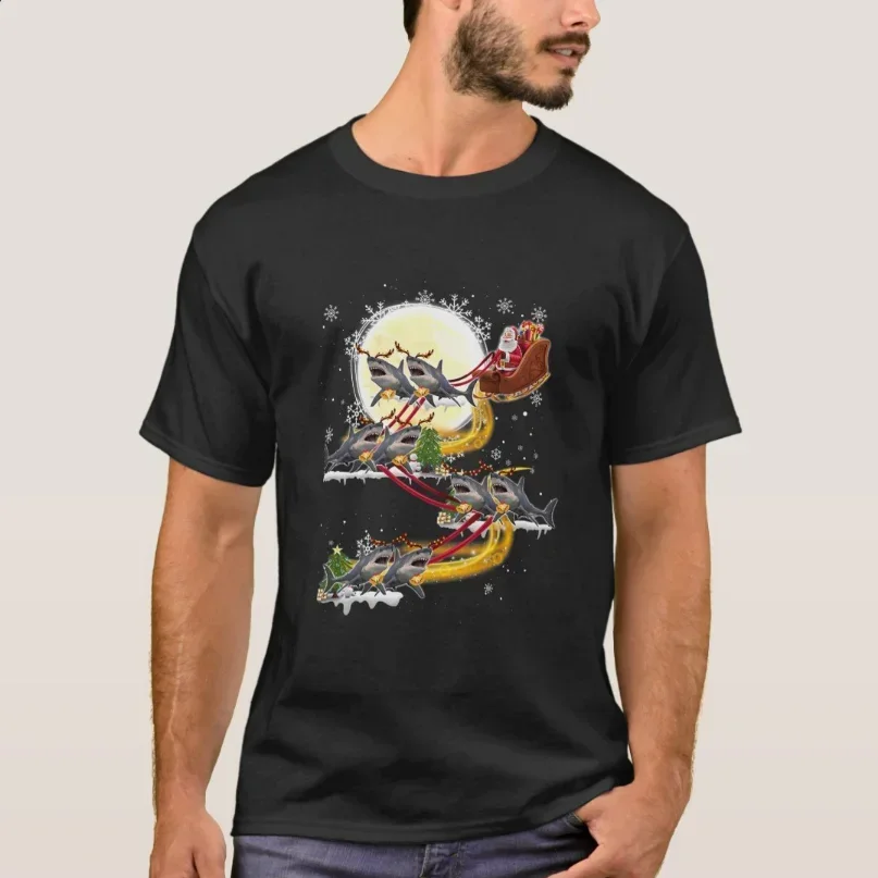 

Funny Christmas Santa Claus Riding Shark Xmas Gift T-Shirt 100% Cotton O-Neck Summer Short Sleeve Casual Mens T-shirt Size S-3XL
