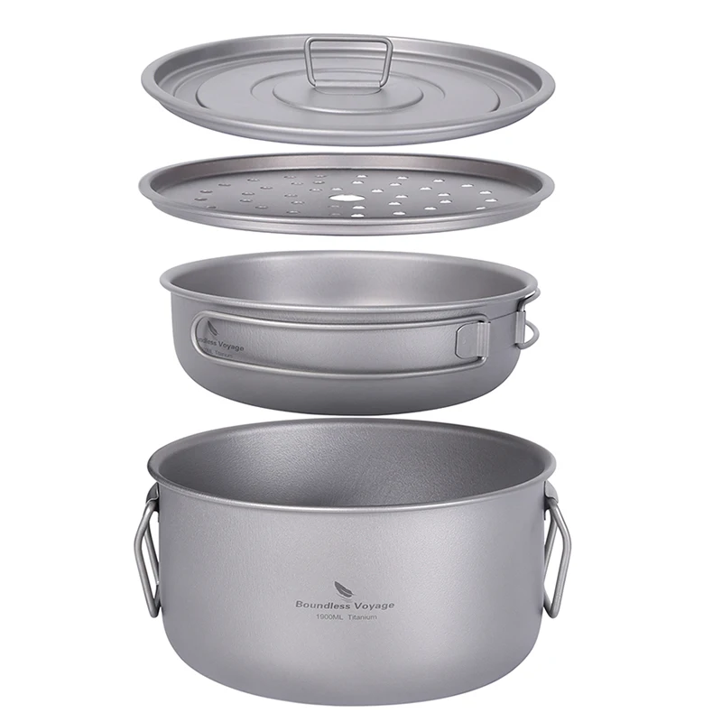Boundless Voyage Outdoor Camping Titanium Cookware Set - Multifunctional Steamer Soup Pot Frying Pan Wok Tea Tray Saucepan Kit